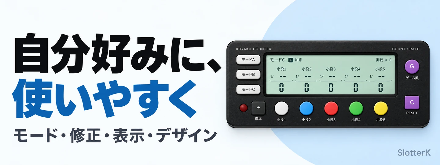 モード切替や修正、表示、ボディデザインを調整できる小役カウンター